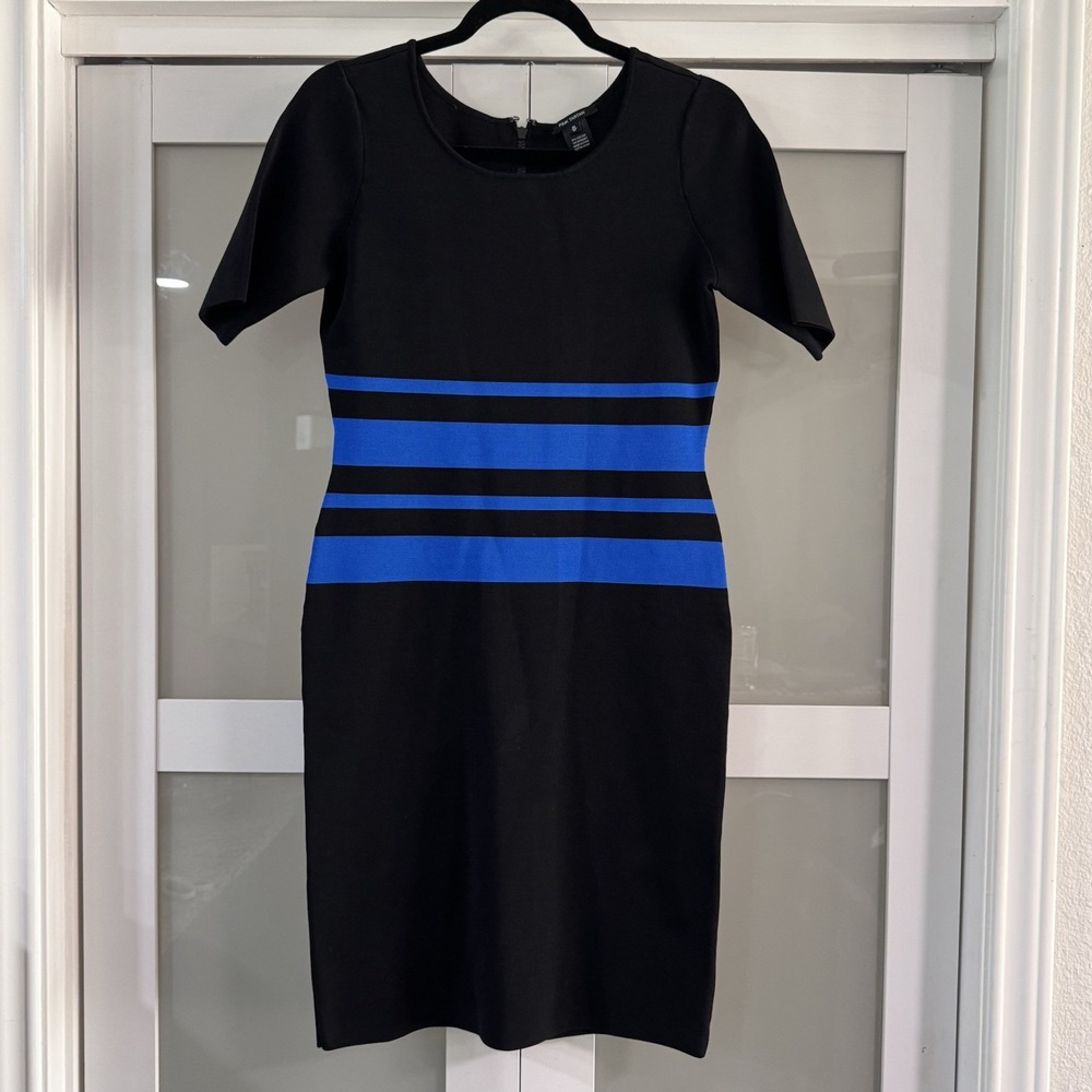 PINK TARTAN  Black Blue Knit Sheath Dress Sz M Short Sleeve Office Work Career